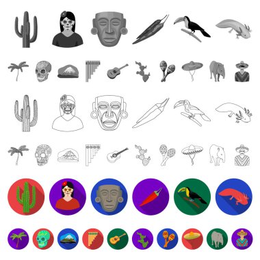 Ülke Meksika set koleksiyonu tasarım için düz simgeler. Meksika ve dönüm noktası sembol stok web illüstrasyon vektör.