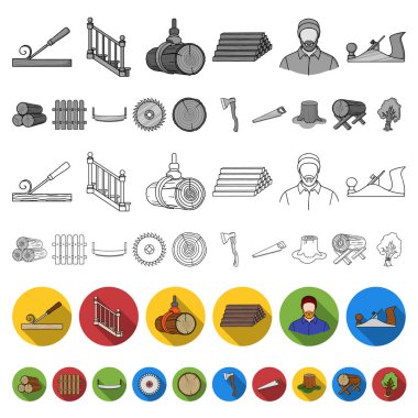 Kereste ve ahşap düz simgeler set koleksiyonu tasarım için. Donanım ve araçlar sembol stok web illüstrasyon vektör.