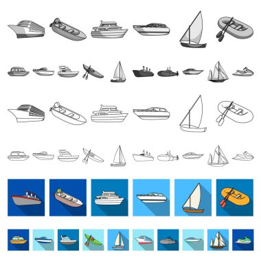 Su ve deniz taşıma düz simgeler set koleksiyonu tasarım için. Tekneler ve gemiler çeşitli sembol stok web illüstrasyon vektör.