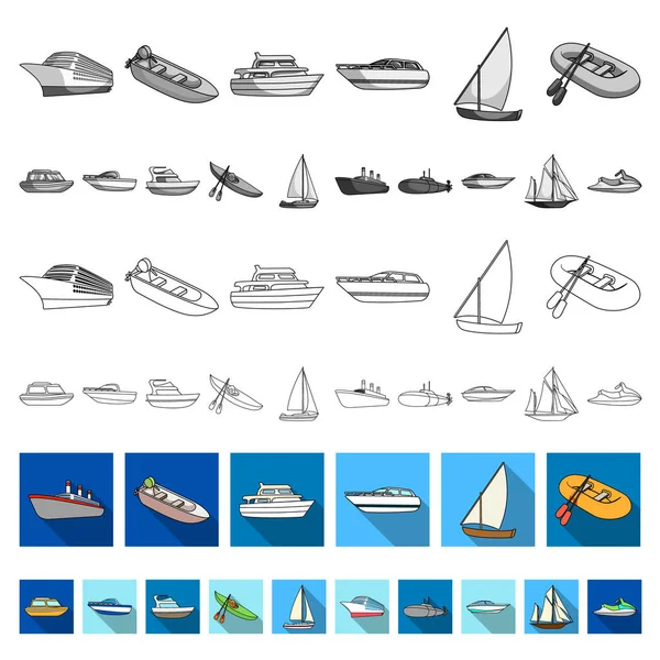 Iconos planos de agua y transporte marítimo en la colección de conjuntos para el diseño. Una variedad de barcos y barcos vector símbolo stock web ilustración . — Archivo Imágenes Vectoriales