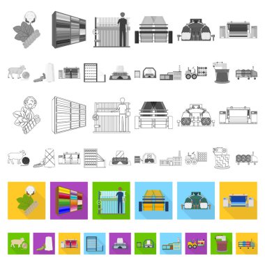 Tekstil Sanayi set koleksiyonu tasarım için düz simgeler. Sembol stok web illüstrasyon vektör Tekstil ekipman ve kumaşlar.