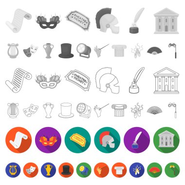 Tiyatro sanat set koleksiyonu tasarım için düz simgeler. Tiyatro donanımları ve aksesuarları sembol stok web illüstrasyon vektör.