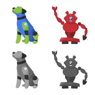 Robot ve fabrika işareti vektör tasarımı. Robot ve uzay hisse senedi vektör çizim topluluğu.