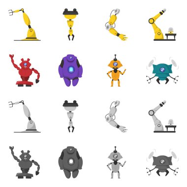 Robot ve fabrika logo vektör tasarımı. Web için robot ve uzay hisse senedi simgesi kümesi.
