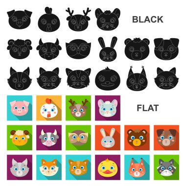 Ağızlıklar hayvanların set koleksiyonu tasarım için simgeleri düz. Yerli ve vahşi hayvanlar sembol stok web illüstrasyon vektör.