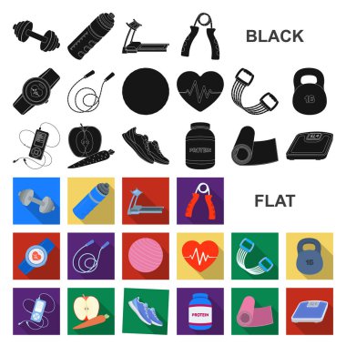 Spor salonu ve eğitim düz simgeler set koleksiyonu tasarım için. Spor salonu ve ekipmanları sembol stok web illüstrasyon vektör.