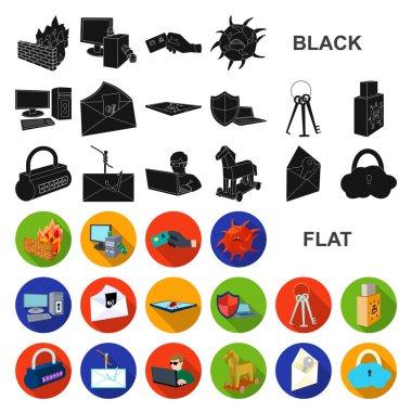 Hacker ve kesmek düz simgeler set koleksiyonu tasarım için. Sembol stok web illüstrasyon vektör hacker ve ekipman.