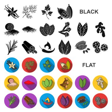 Düz set koleksiyonu tasarım için simgeleri ot ve baharat. Baharat çeşitleri simge stok web illüstrasyon vektör.