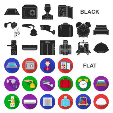 Otel ve ekipman düz simgeler set koleksiyonu tasarım için. Otel ve konfor sembol stok web illüstrasyon vektör.