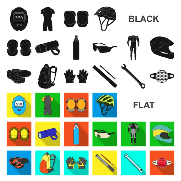 Fahrrad-Outfit flache Symbole in Set-Kollektion für Design. Fahrrad und Werkzeug Vektor Symbol Stock Web Illustration. — Stockvektor