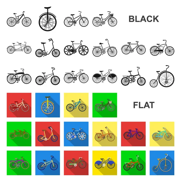 Různé jízdní kola ploché ikony v nastavení kolekce pro design. Druh dopravy vektor symbol akcií web ilustrace. — Stockový vektor