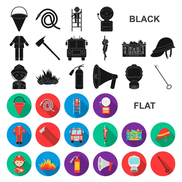 Departamento de bomberos iconos planos en la colección de conjuntos para el diseño. Bomberos y equipos vector símbolo stock web ilustración . — Vector de stock