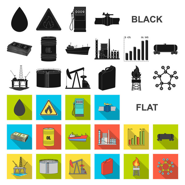 Oil industry flat icons in set collection for design. Equipment and oil production vector symbol stock web illustration.