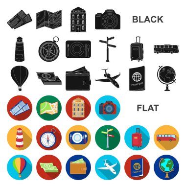 Dinlenmek ve set koleksiyonu tasarım için düz simgeler seyahat. Ulaşım, turizm sembol stok web illüstrasyon vektör.