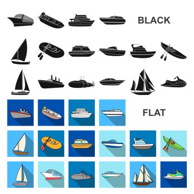 Su ve deniz taşıma düz simgeler set koleksiyonu tasarım için. Tekneler ve gemiler çeşitli sembol stok web illüstrasyon vektör.