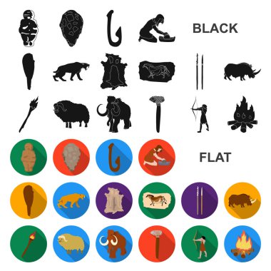 Taş Devri düz simgeler set koleksiyonu tasarım için hayatta. Eski insanlar sembol stok web illüstrasyon vektör.