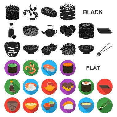 Suşi ve set koleksiyonu tasarım için düz simgeler baharat. Deniz ürünleri gıda, Aksesuar vektör simge stok web çizimi.