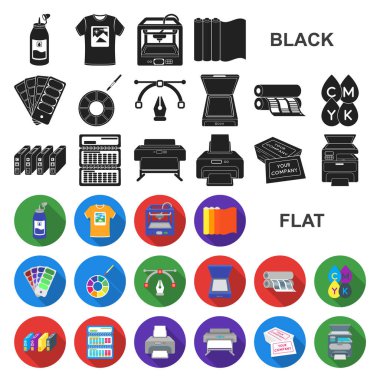 Matbaa ürünleri set koleksiyonu tasarım için simgeleri düz. Sembol stok web illüstrasyon vektör yazdırma ve ekipman.