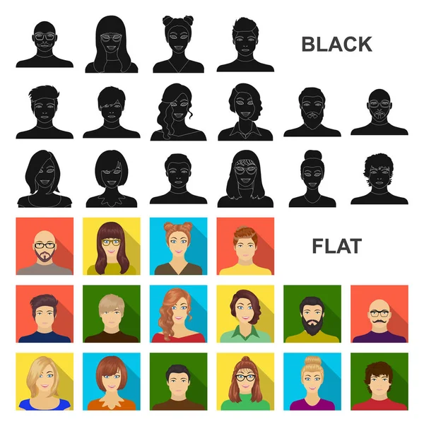 Avatar e iconos planos de la cara en la colección de conjuntos para el diseño. Una persona apariencia vector símbolo stock web ilustración . — Vector de stock