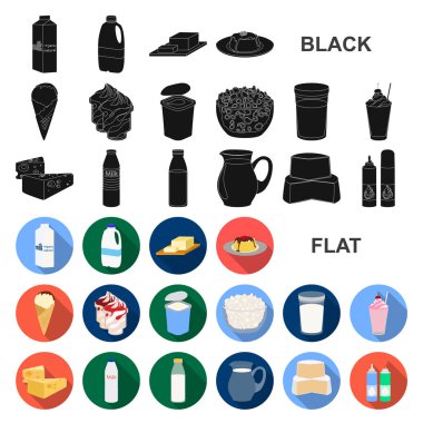 Süt ürün düz simgeler vektör design.Milk ve gıda için küme toplama hisse senedi web illüstrasyon simge.