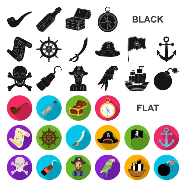 Pirata, ladrón de mar iconos planos en la colección de conjuntos para el diseño. Tesoros, atributos vector símbolo stock web ilustración . — Vector de stock