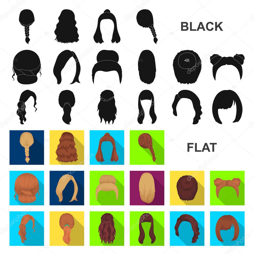 Female hairstyle flat icons in set collection for design. Stylish haircut vector symbol stock web illustration.
