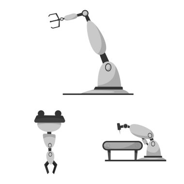 Robot ve fabrika simgesi yalıtılmış nesne. Hisse senedi için robot ve uzay vektör simge kümesi.