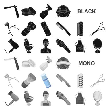 Berber ve ekipman set koleksiyonu tasarım için simgeler siyah. Saç kesimi ve tıraş sembol stok web illüstrasyon vektör.