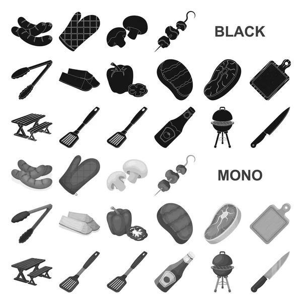 Churrasco e equipamentos ícones pretos na coleção de conjuntos para design. Piquenique e frito alimento vetor símbolo web ilustração . —  Vetores de Stock