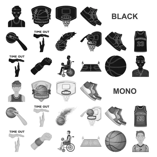 篮球和属性黑色图标集合中的设计。篮球运动员和设备矢量符号股票网站插图. — 图库矢量图片