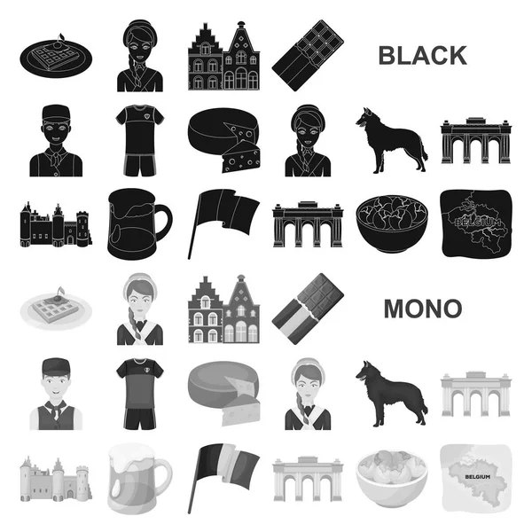 Kraj Belgia czarny ikony w kolekcja zestaw do projektowania. Podróży i atrakcji Belgia symbol web czas ilustracja wektorowa. — Wektor stockowy