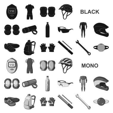 Set koleksiyonu tasarım için bisiklet kıyafeti siyah simgeler. Bisiklet ve araç vektör simge stok web çizim.