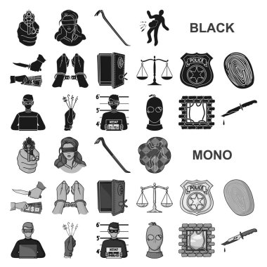 Suç ve ceza set koleksiyonu tasarım için simgeler siyah. Suç vektör simge stok web çizim.