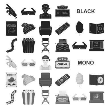 Filmler ve sinema set koleksiyonu tasarım için simgeler siyah. Film ve öznitelikleri sembol stok web illüstrasyon vektör.