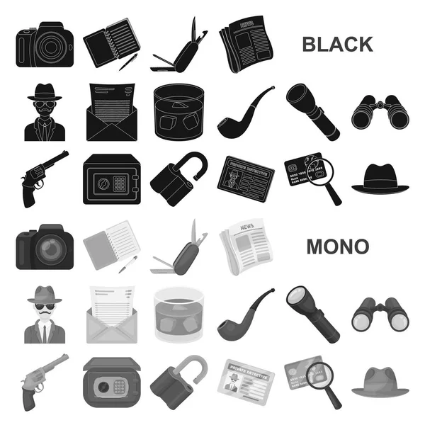 Detective y Atributos iconos negros en la colección de conjuntos para design.Detective Agencia vector símbolo stock web ilustración . — Archivo Imágenes Vectoriales