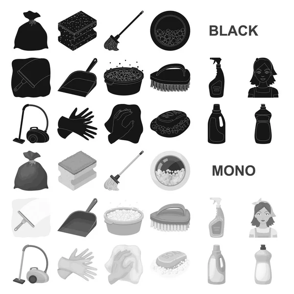 Reinigung und Hausmädchen schwarze Symbole in Set-Kollektion für Design. Ausrüstung für die Reinigung von Vektorsymbol stock web illustration. — Stockvektor