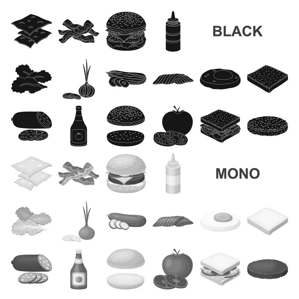 Burger und Zutaten schwarze Symbole in Set-Kollektion für Design. Burger Kochen Vektor Symbol Lager Web-Illustration. — Stockvektor