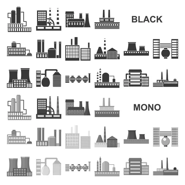 Εργοστάσιο και εγκαταστάσεις μαύρο εικονίδια στη συλλογή σετ για σχεδιασμό. Εργοστασίου και εξοπλισμού σύμβολο μετοχής web εικονογράφηση διάνυσμα. — Διανυσματικό Αρχείο
