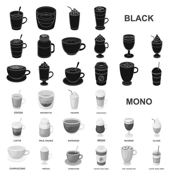 Diferentes tipos de ícones pretos de café na coleção de conjuntos para design. Café bebida vetor símbolo web ilustração . —  Vetores de Stock