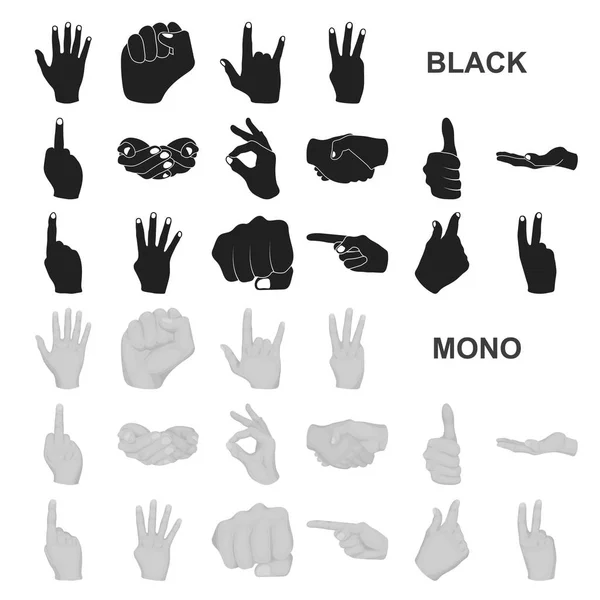 Kéz gesztus fekete ikonok beállítása gyűjtemény a design. Tenyér és az ujjak vektor szimbólum honlap stock illusztráció. — Stock Vector