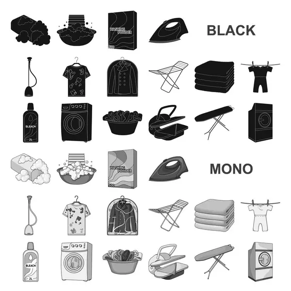 Equipamento de limpeza a seco ícones pretos na coleção de conjuntos para design. Roupa de lavar e passar roupa símbolo vetorial ilustração web . —  Vetores de Stock