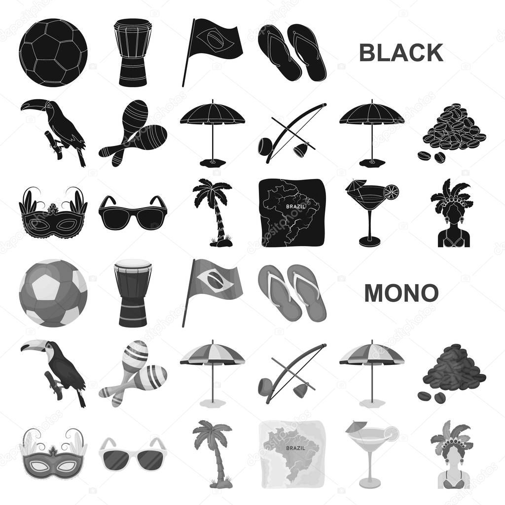 Country Brazil black icons in set collection for design. Travel and attractions Brazil vector symbol stock web illustration.