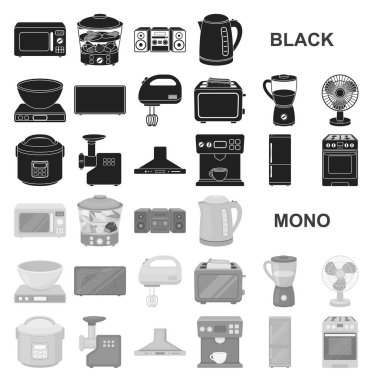 Ev aletleri tür set koleksiyonu tasarım için simgeler siyah. Mutfak ekipmanları vektör simge stok web çizim.