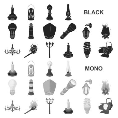 Set koleksiyonu tasarım için ışık kaynağı siyah simgeler. Işık ve ekipman sembol stok illüstrasyon vektör.