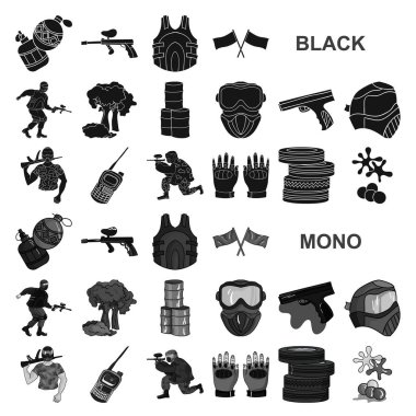Paintball takım set koleksiyonu tasarım için oyun siyah simgeler. Ekipman ve kıyafet sembol stok web illüstrasyon vektör.