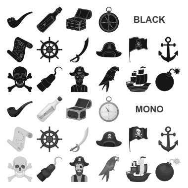 Korsan, deniz soyguncu siyah simgeler set koleksiyonu tasarım için. Hazineler, öznitelikleri sembol stok web illüstrasyon vektör.