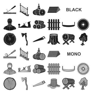 Kereste ve ahşap set koleksiyonu tasarım için simgeler siyah. Donanım ve araçlar sembol stok web illüstrasyon vektör.