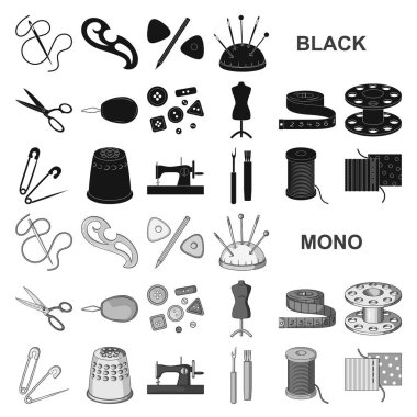 Dikiş, atelier siyah simgeler toplama tasarımı için ayarlayın. Araç kiti vektör simge stok web çizim.