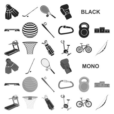 Spor çeşitleri set koleksiyonu tasarım için simgeler siyah. Spor ekipmanları vektör simge stok web çizim.