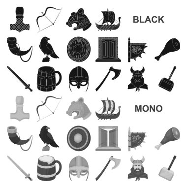 Vikingler ve öznitelikleri set koleksiyonu tasarım için simgeler siyah. Eski İskandinav savaşçı vektör simge stok web çizimi.